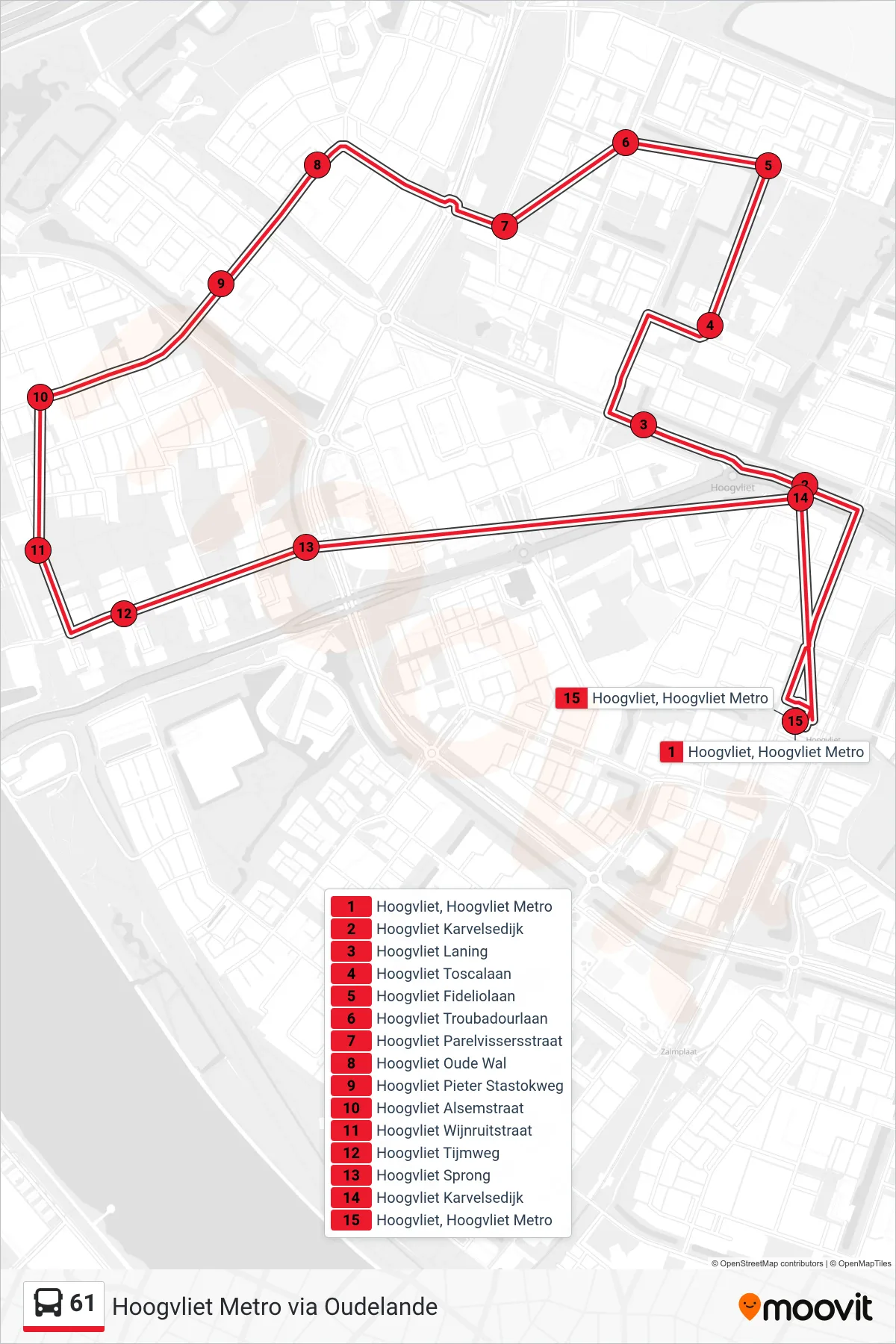 Lijn 61 (bus, Hoogvliet Metro): route en haltes op de kaart