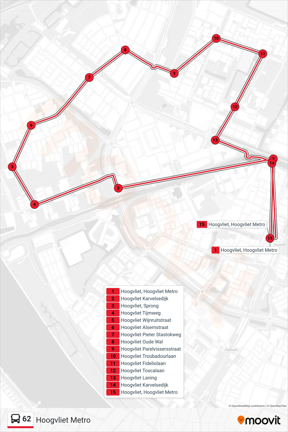 Lijn 62 (bus, Hoogvliet Metro): route en haltes op de kaart