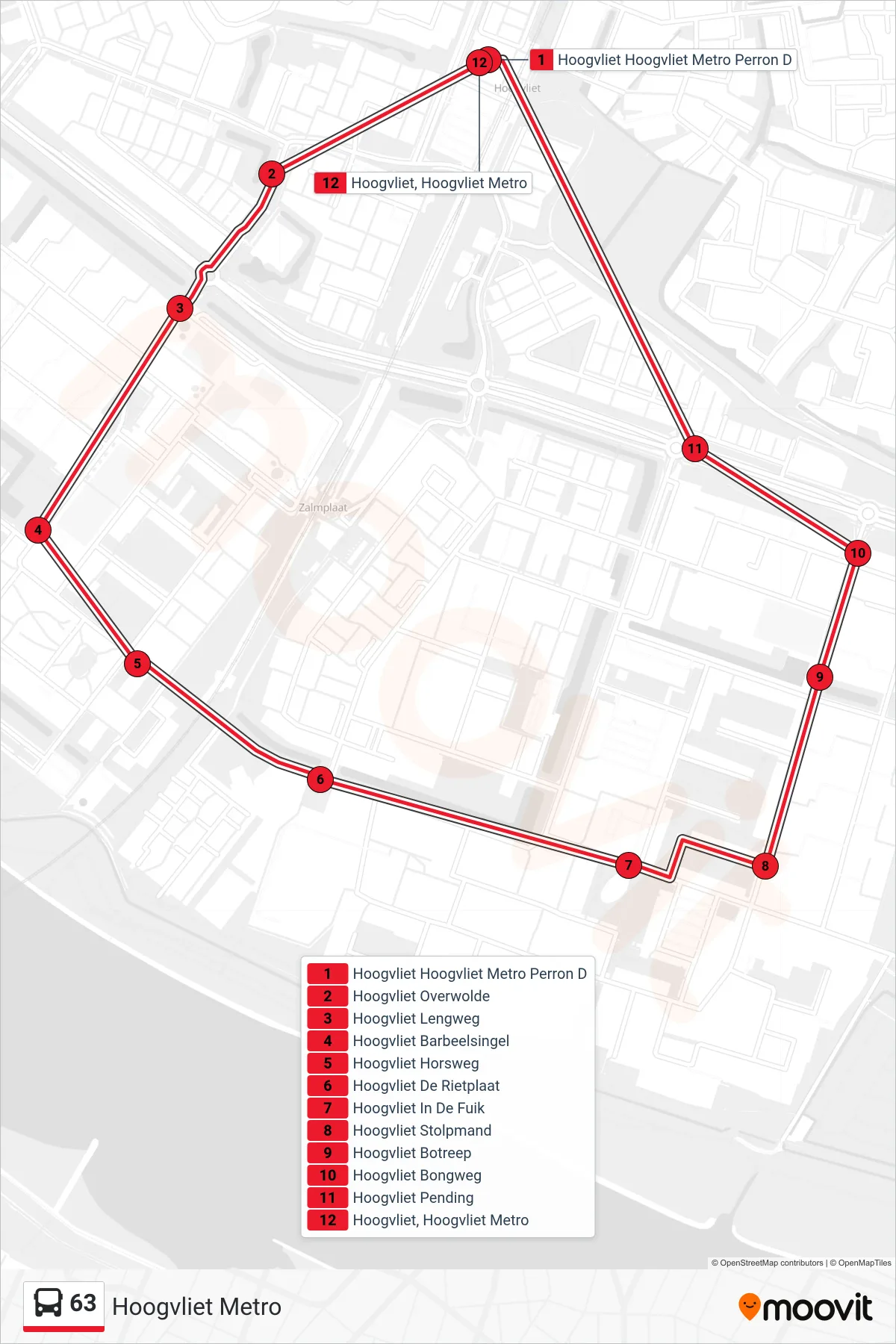Lijn 63 (bus, Hoogvliet Metro): route en haltes op de kaart