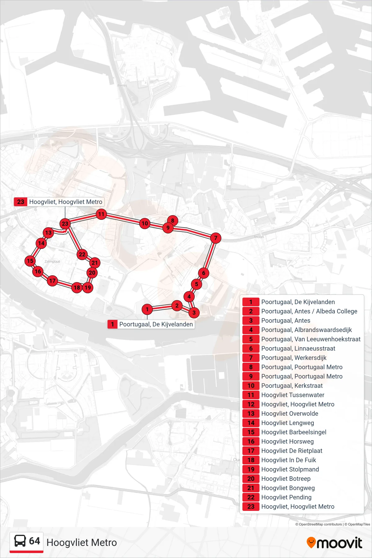 Lijn 64 (bus, Hoogvliet Metro): route en haltes op de kaart