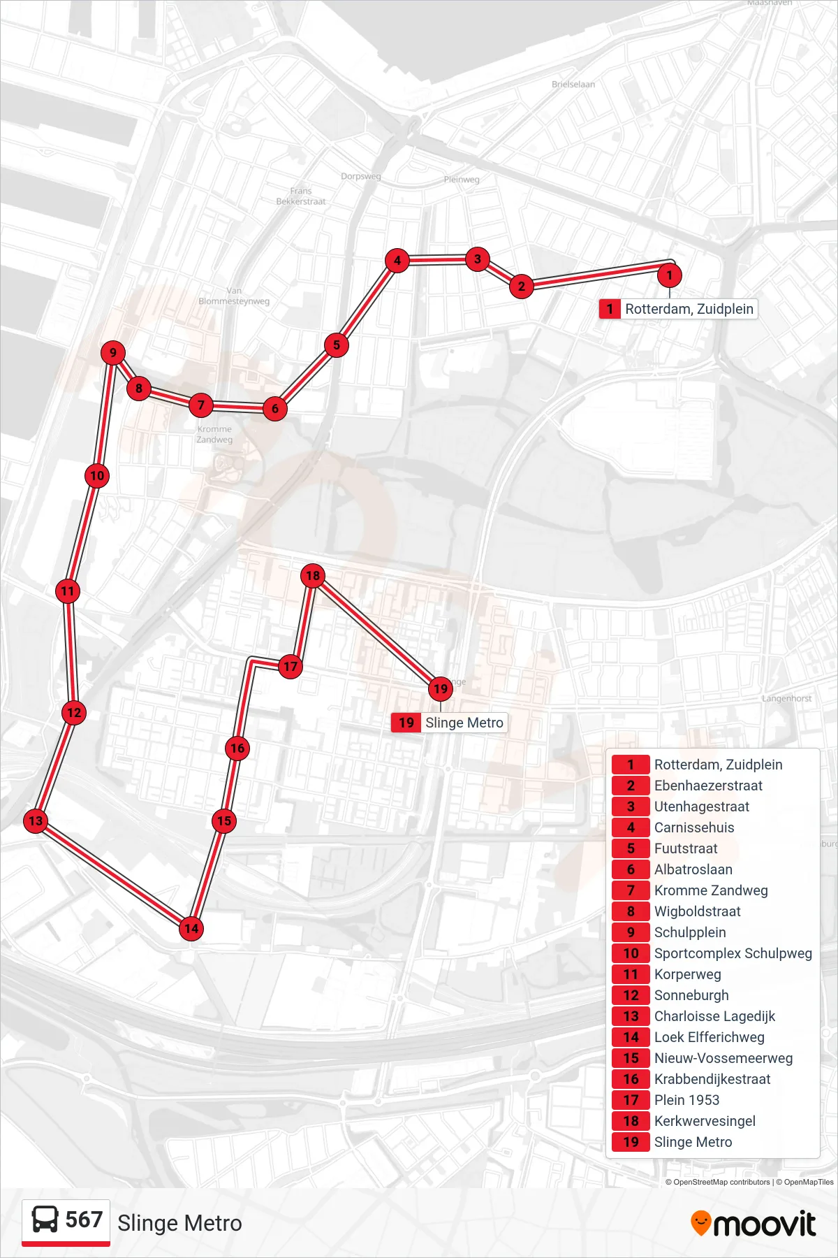 Lijn 567 (bus, Slinge Metro): route en haltes op de kaart