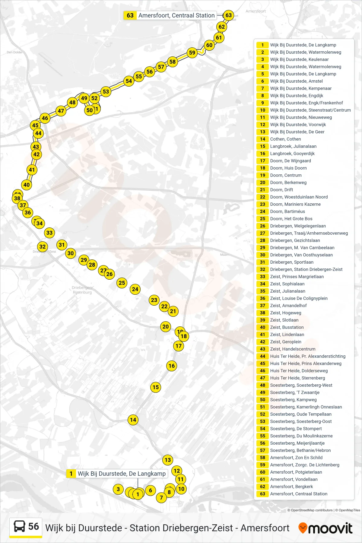 56 bus Line (Amersfoort Cs) route and stops on a map