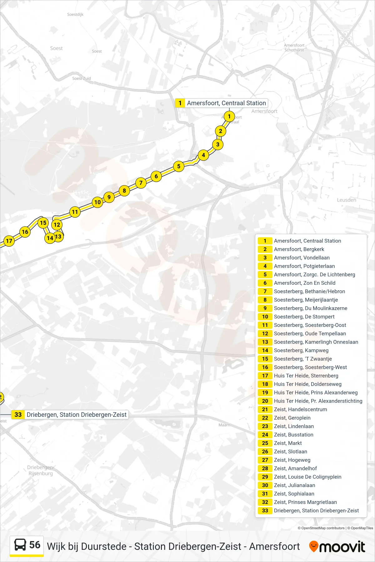 56 bus Line (Driebergen-Zeist) route and stops on a map