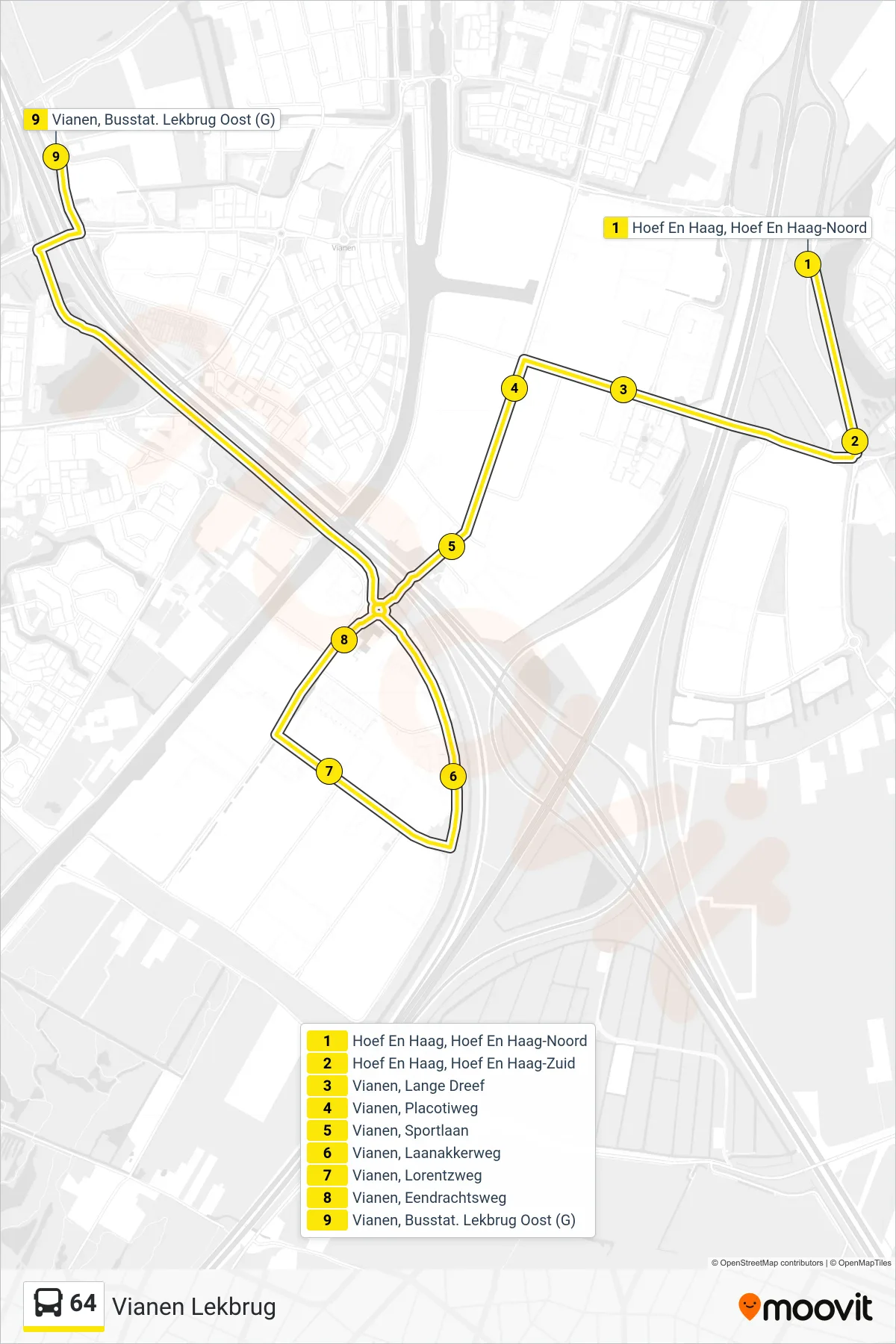 Lijn 64 (bus, Vianen Lekbrug): route en haltes op de kaart