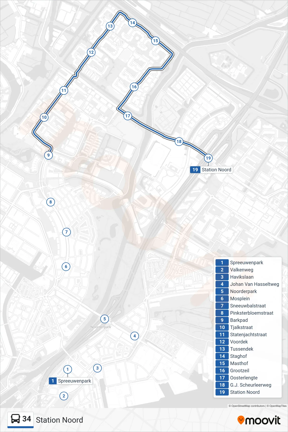 Lijn 34 (bus, Station Noord): route en haltes op de kaart