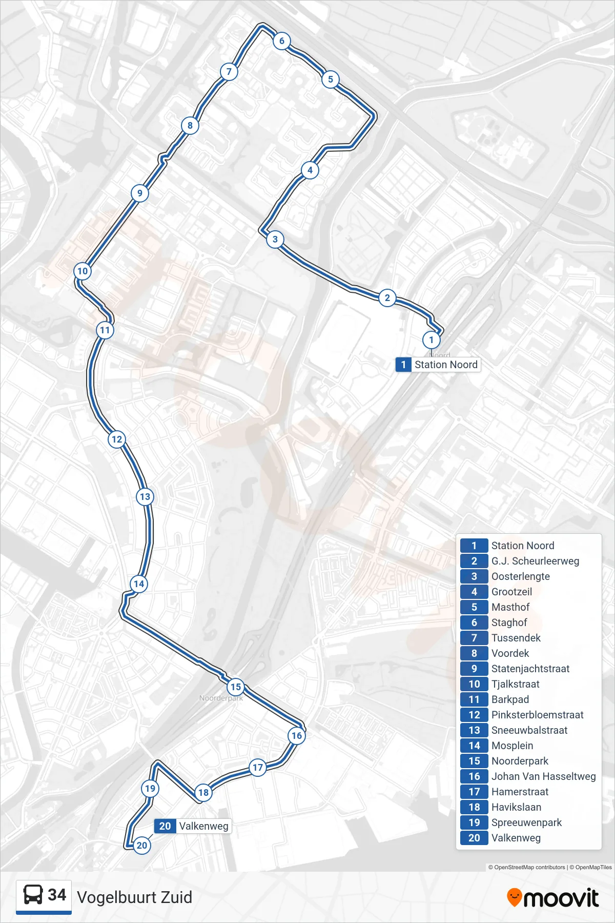34 bus Line (Vogelbuurt Zuid) route and stops on a map