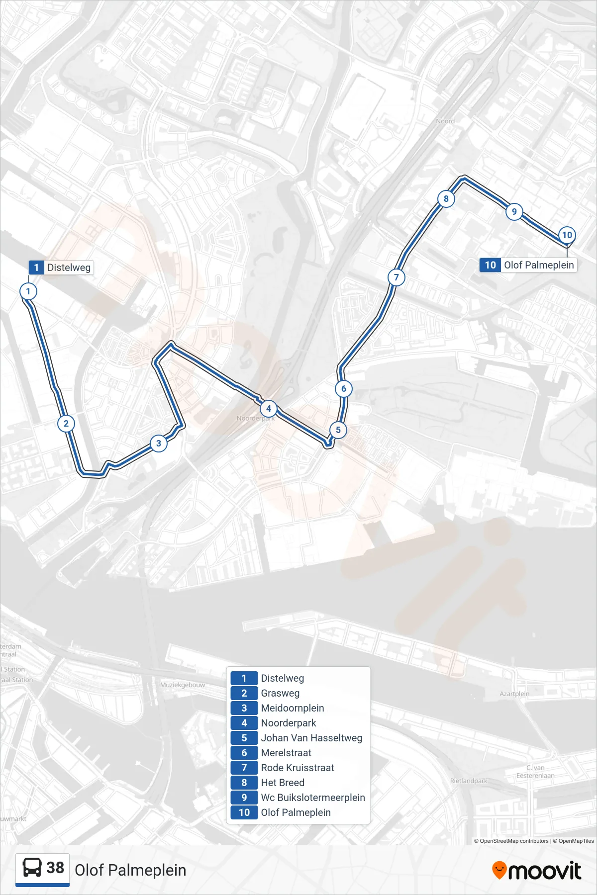Lijn 38 (bus, Olof Palmeplein): route en haltes op de kaart