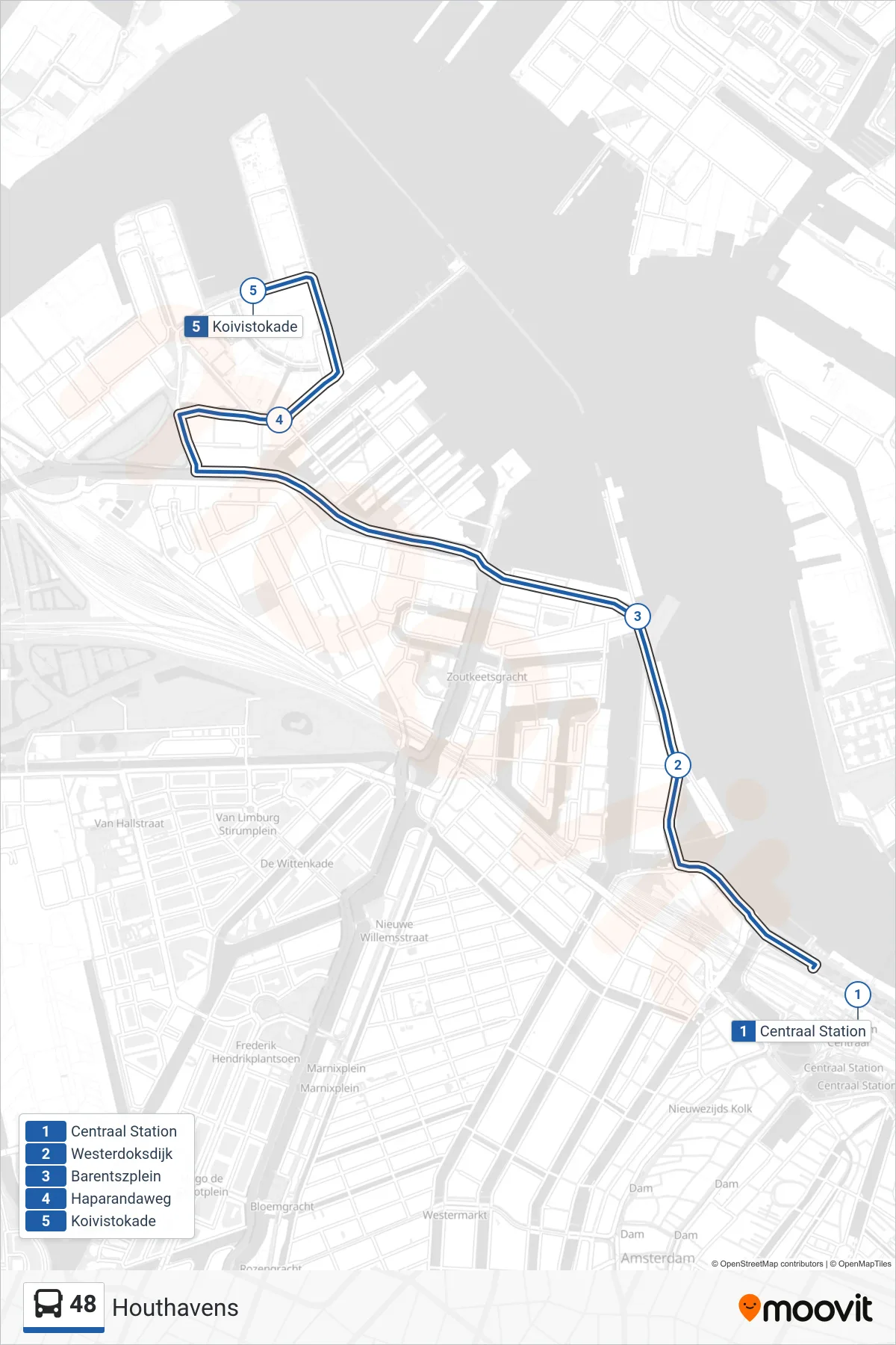 Lijn 48 (bus, Houthavens): route en haltes op de kaart