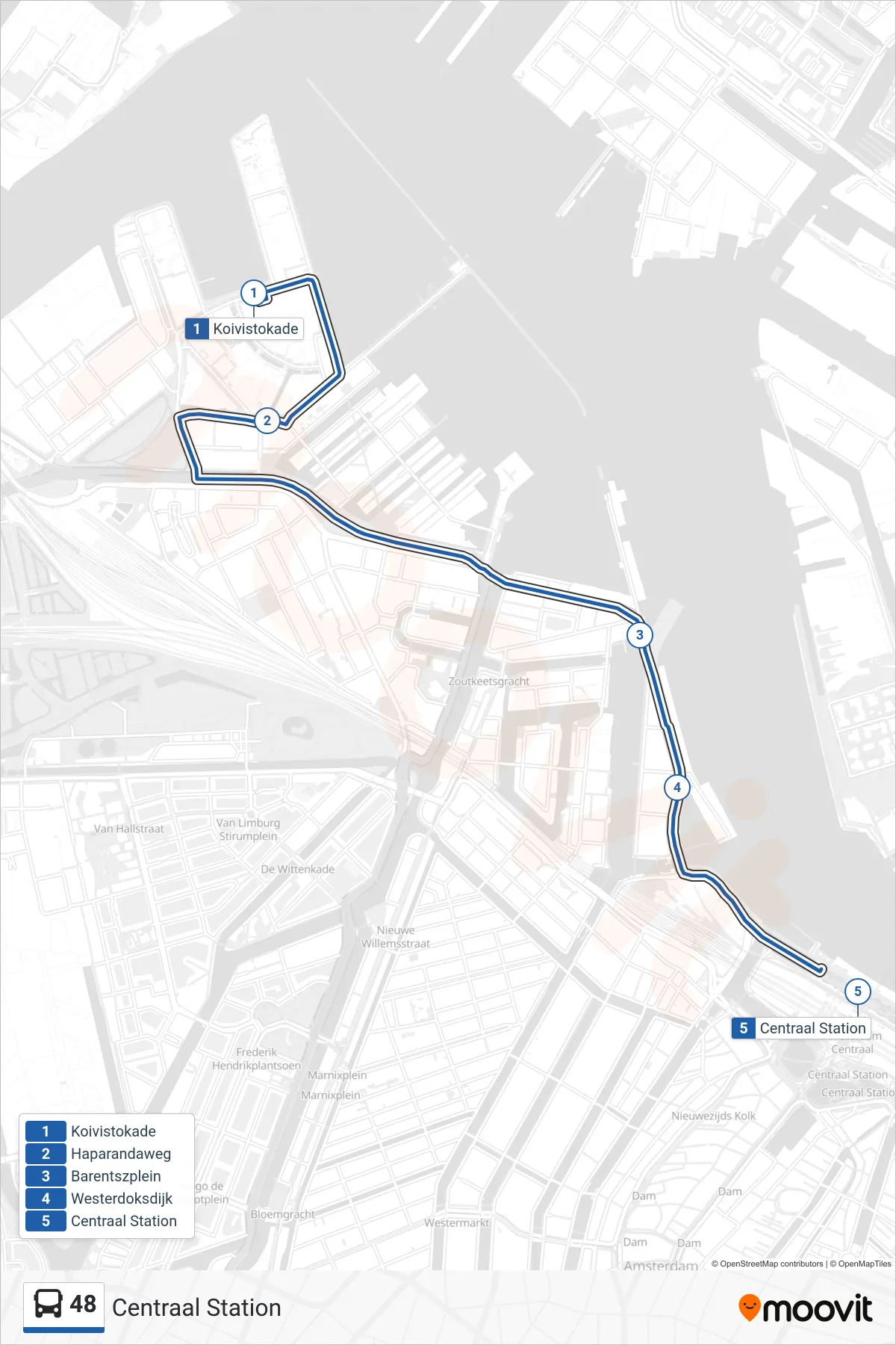 Lijn 48 (bus, Centraal Station): route en haltes op de kaart