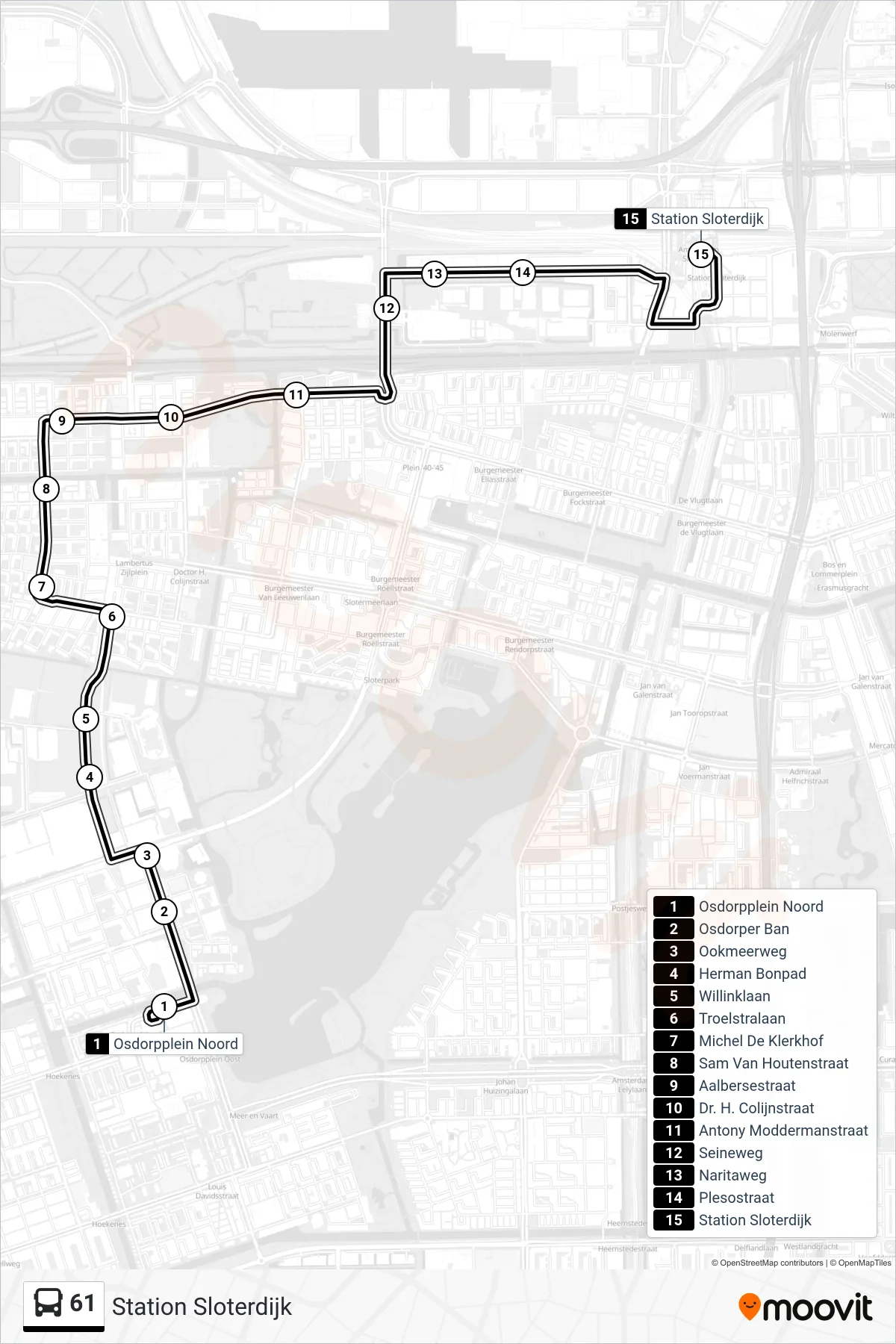 61 bus Line (Station Sloterdijk) route and stops on a map