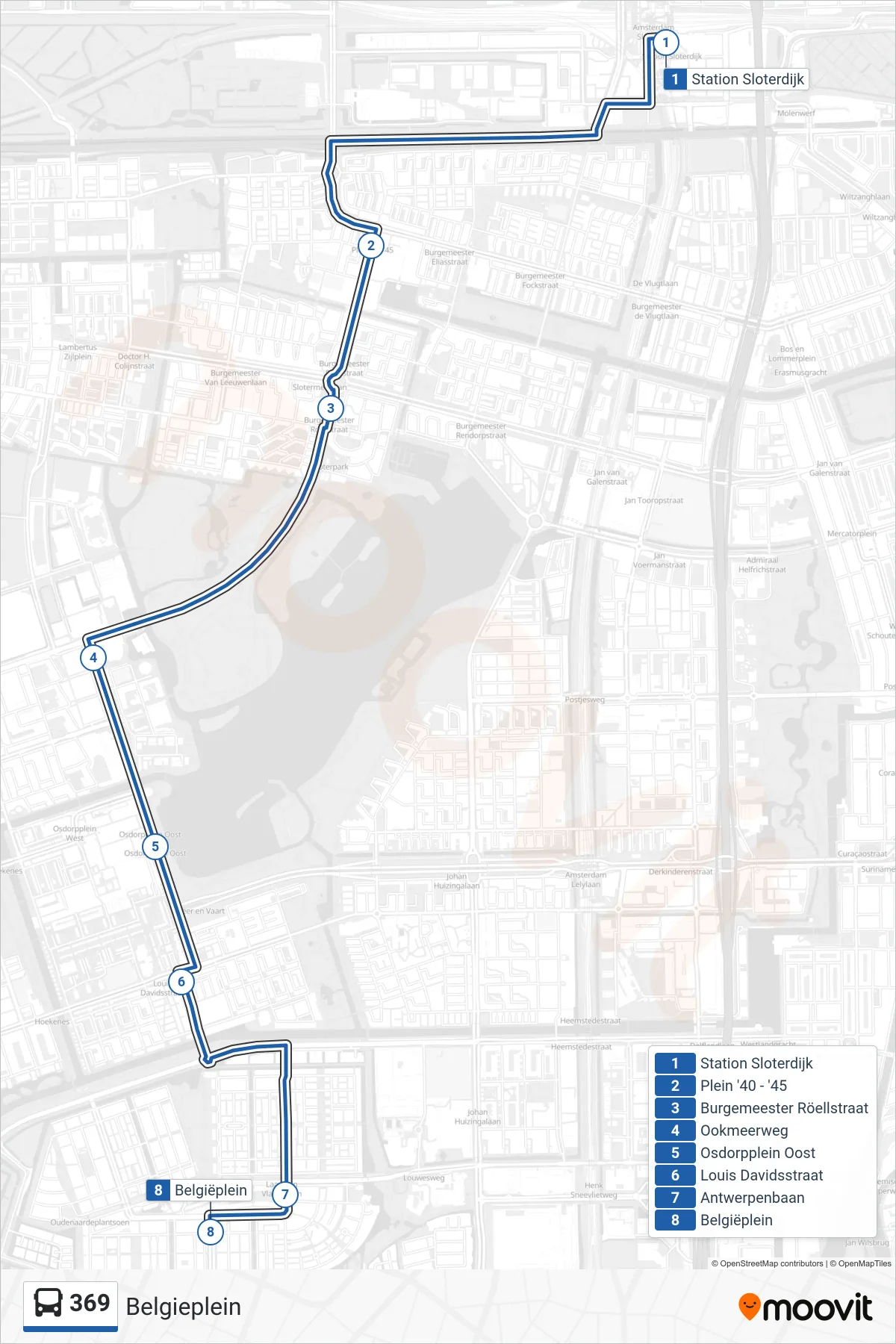 369 bus Line (Belgieplein) route and stops on a map