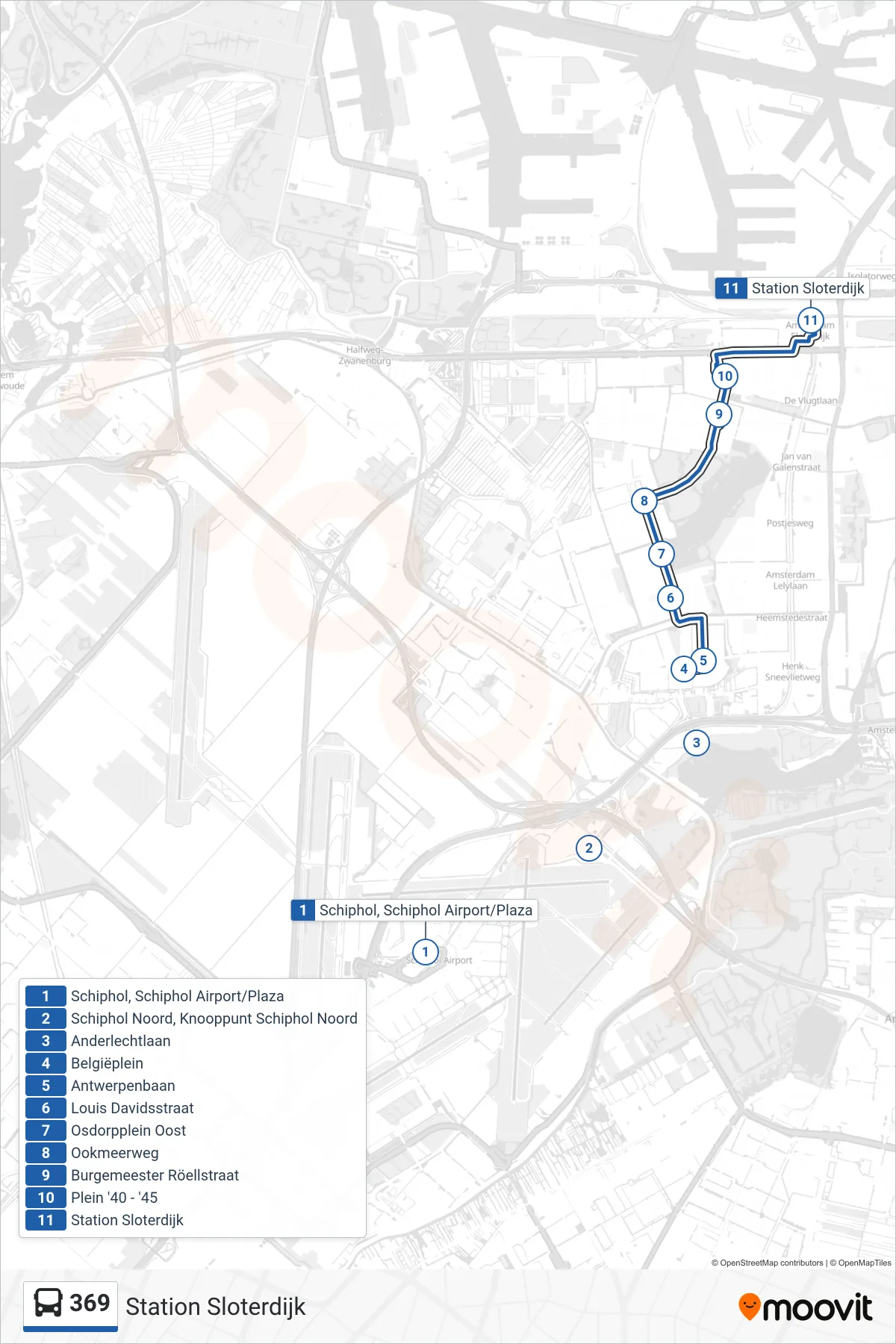 Lijn 369 (bus, Station Sloterdijk): route en haltes op de kaart