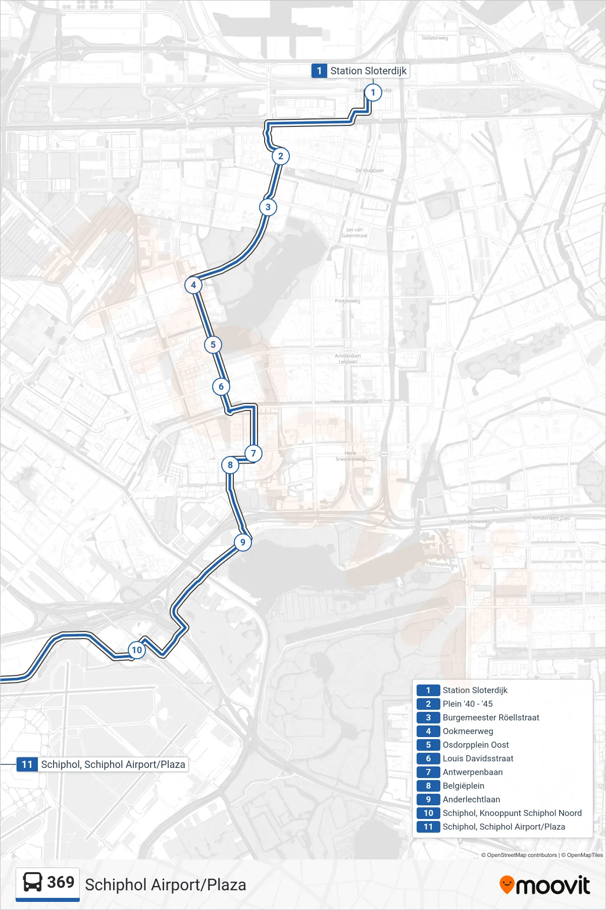 Lijn 369 (bus, Schiphol Airport/Plaza): route en haltes op de kaart