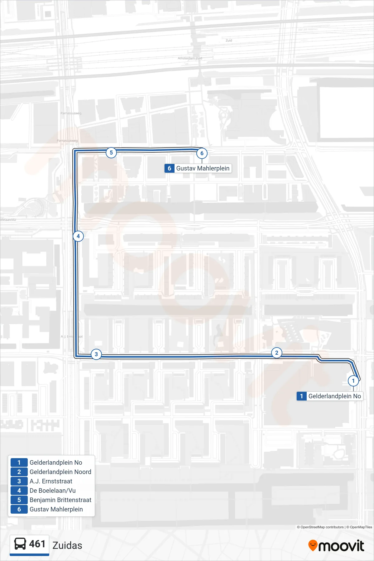 461 bus Line (Zuidas) route and stops on a map