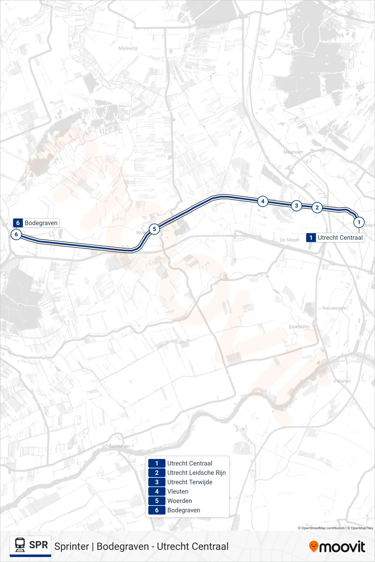 SPR train Line (Bodegraven) route and stops on a map