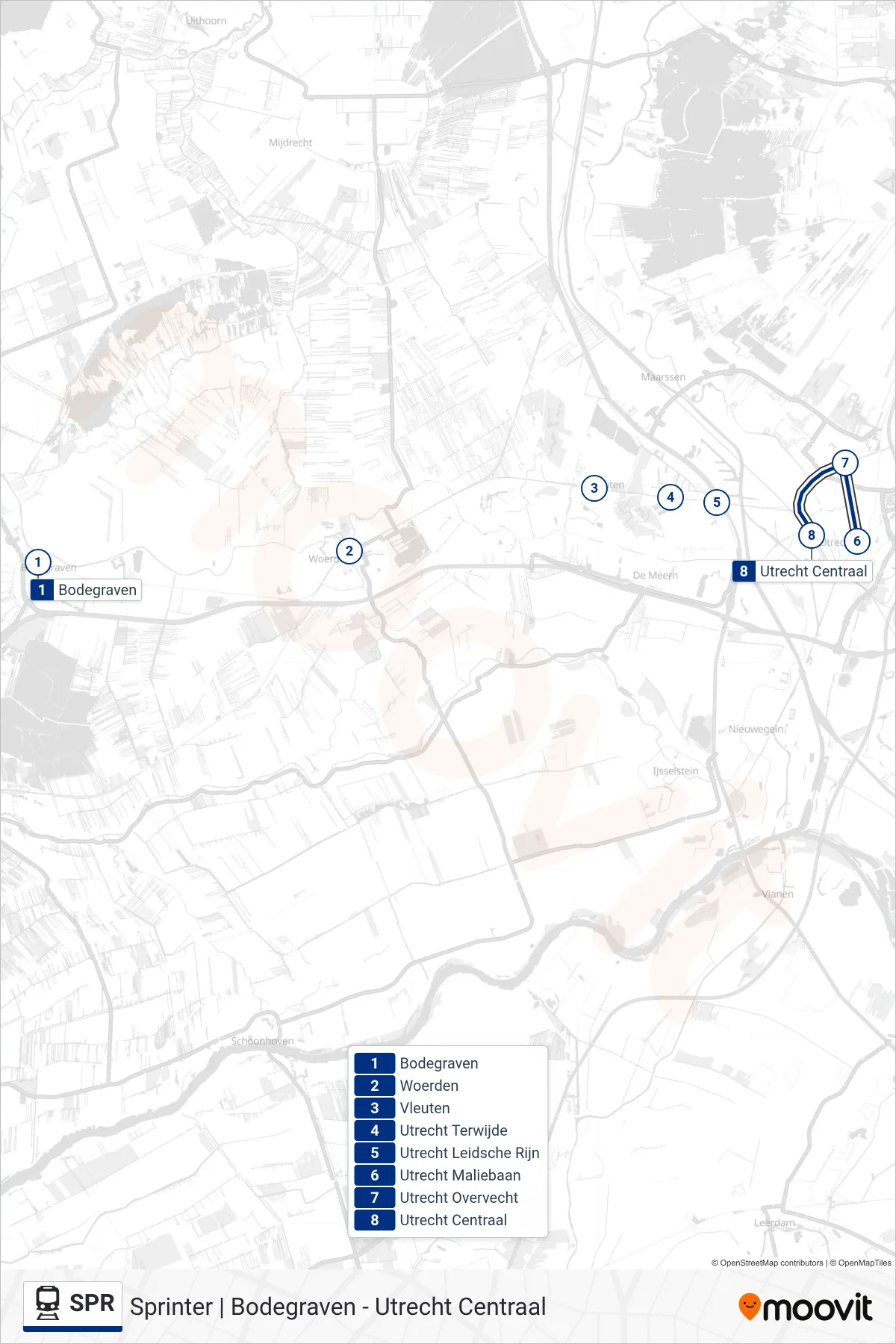 SPR rail Line (Utrecht Centraal) route and stops on a map