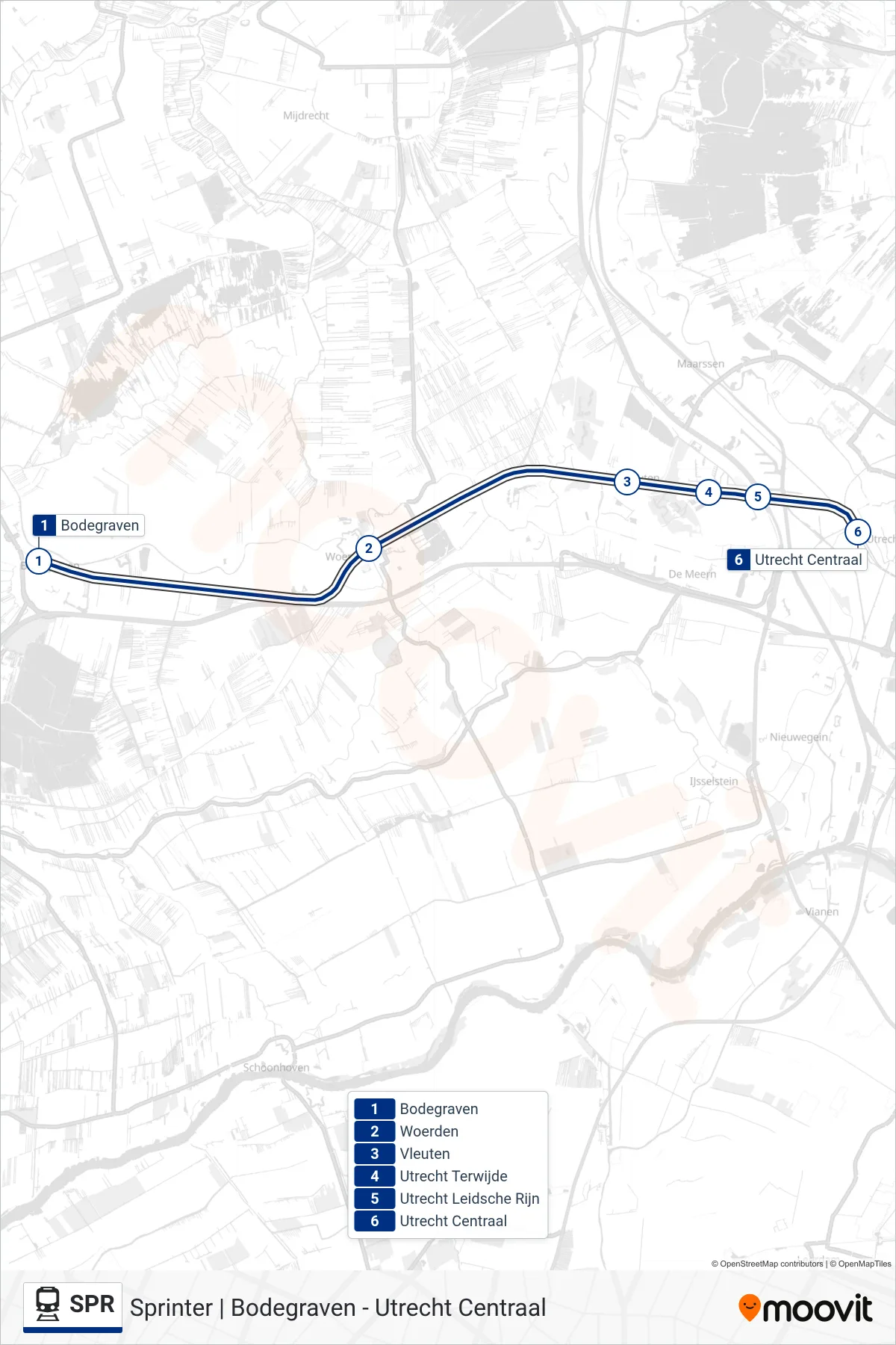 Lijn SPR (trein, Tiel): route en haltes op de kaart