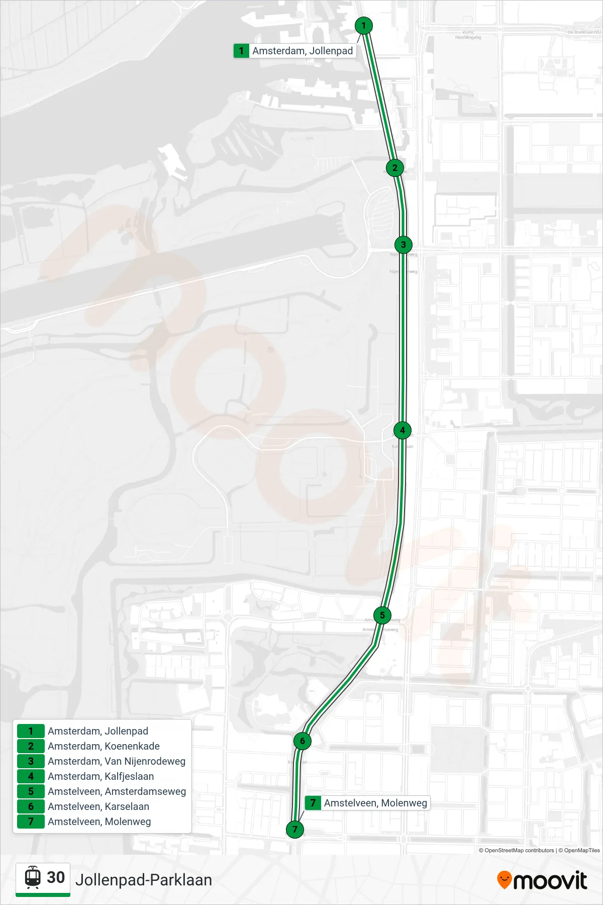 30 light rail Line (Molenweg) route and stops on a map
