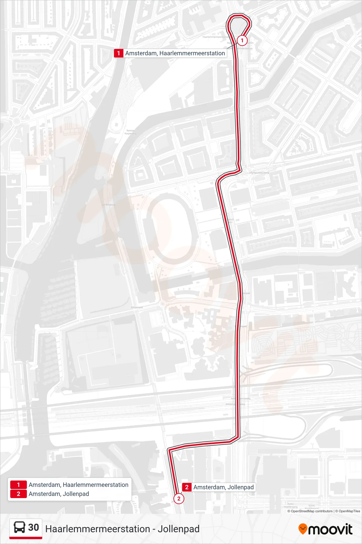 Lijn 30 (bus, Jollenpad): route en haltes op de kaart