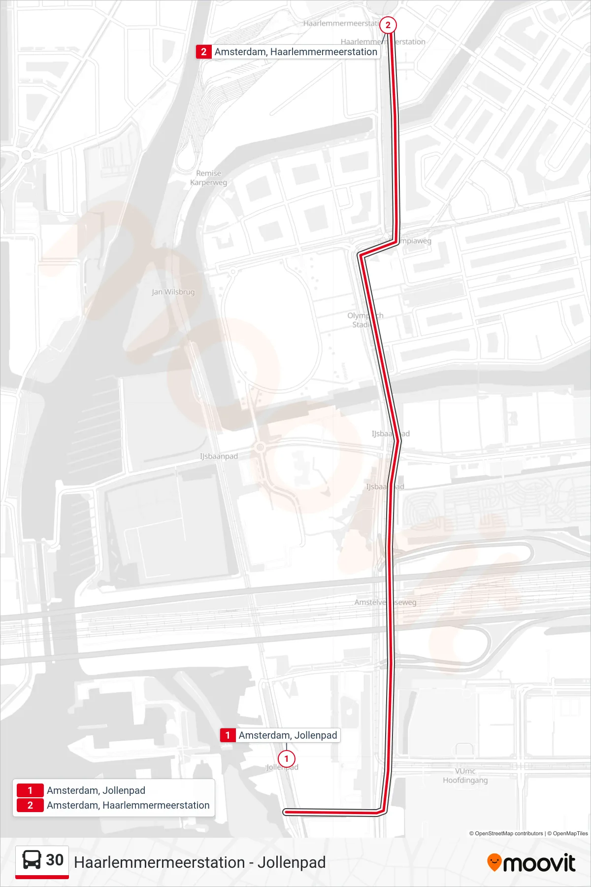 Lijn 30 (bus, Haarlemmermeerstation): route en haltes op de kaart