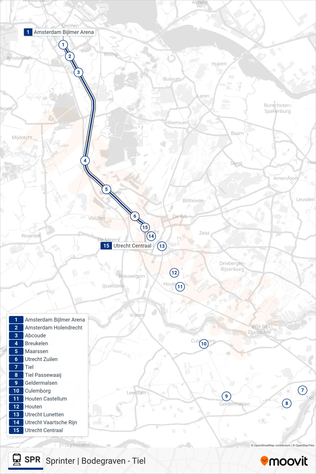 Lijn SPR (trein, Utrecht Centraal): route en haltes op de kaart