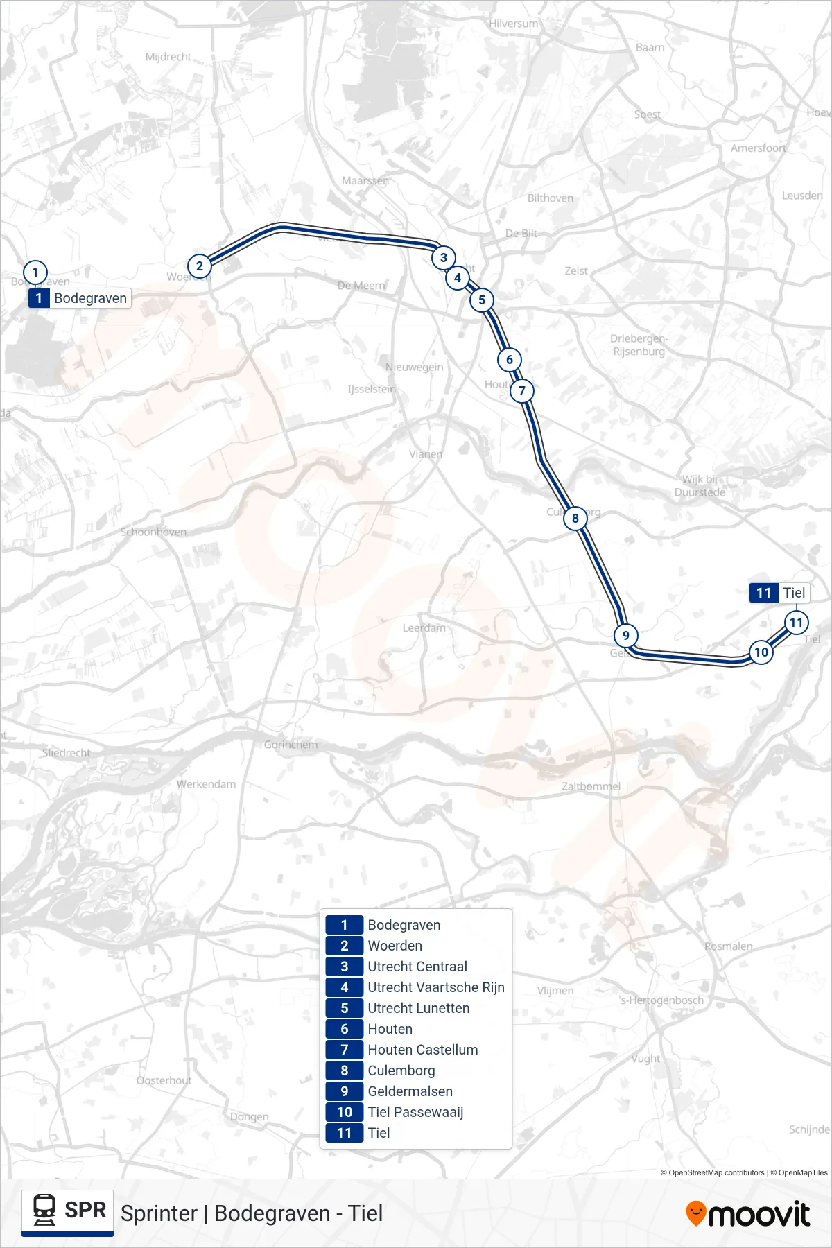Lijn SPR (trein, Tiel): route en haltes op de kaart