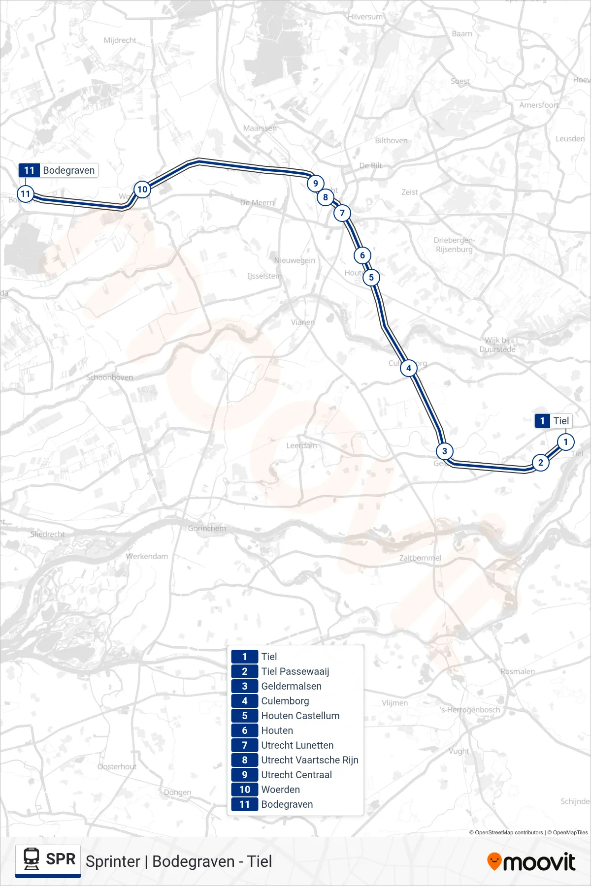Lijn SPR (trein, Bodegraven): route en haltes op de kaart