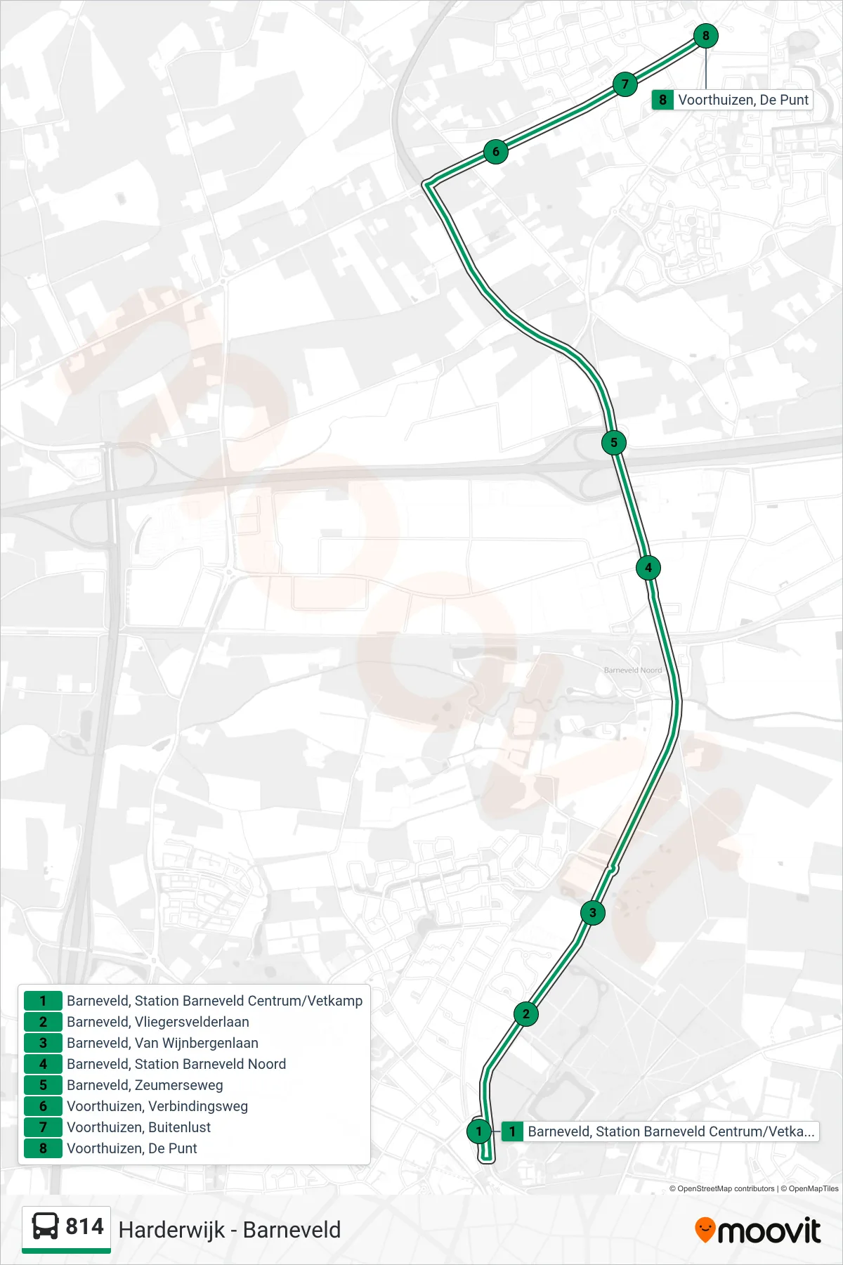 814 bus Line (Voorthuizen) route and stops on a map
