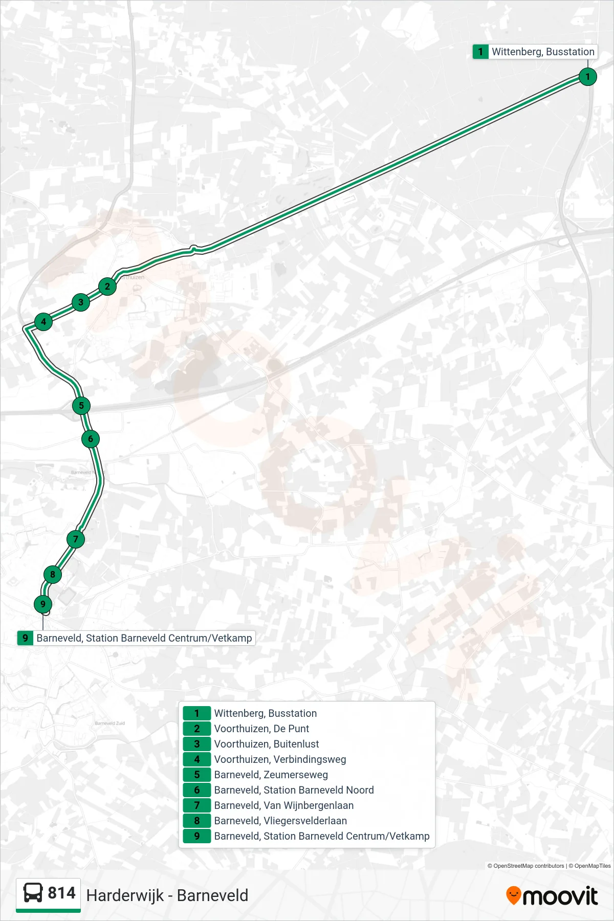 814 bus Line (Barneveld) route and stops on a map