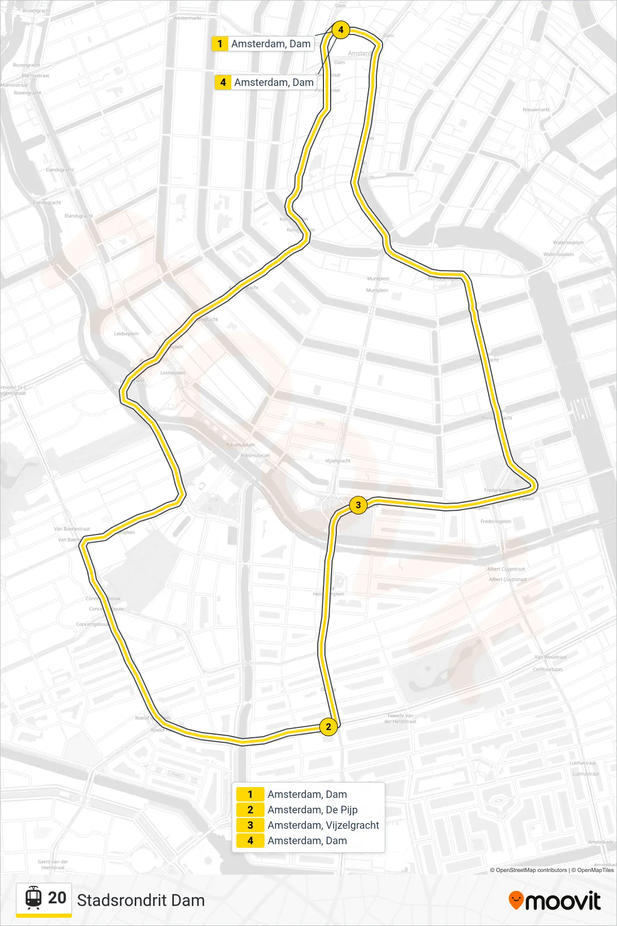 Lijn 20 (tram, Stadsrondrit Dam): route en haltes op de kaart