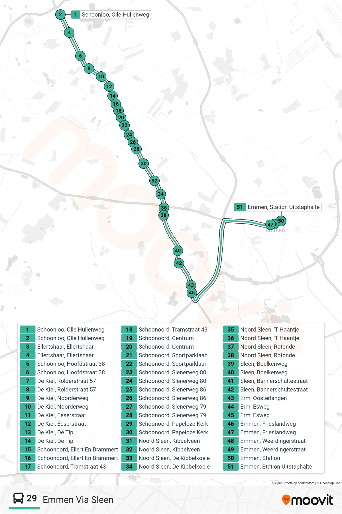 Lijn 29 (bus, Emmen Via Sleen): route en haltes op de kaart