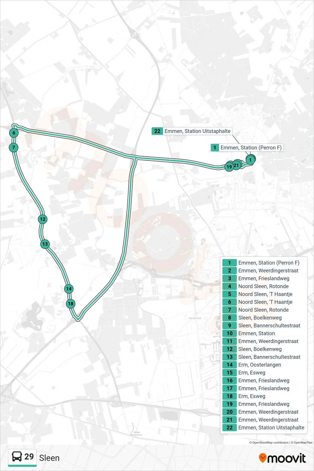 29 bus Line (Sleen) route and stops on a map