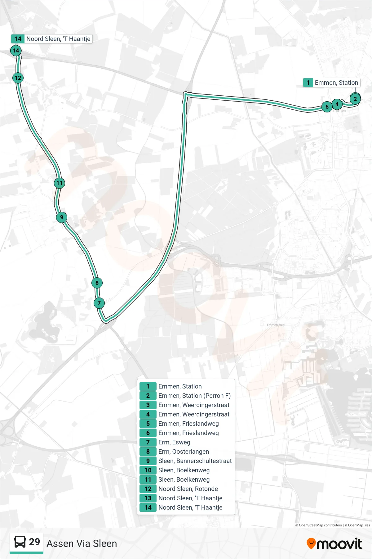Lijn 29 (bus, Assen Via Sleen): route en haltes op de kaart