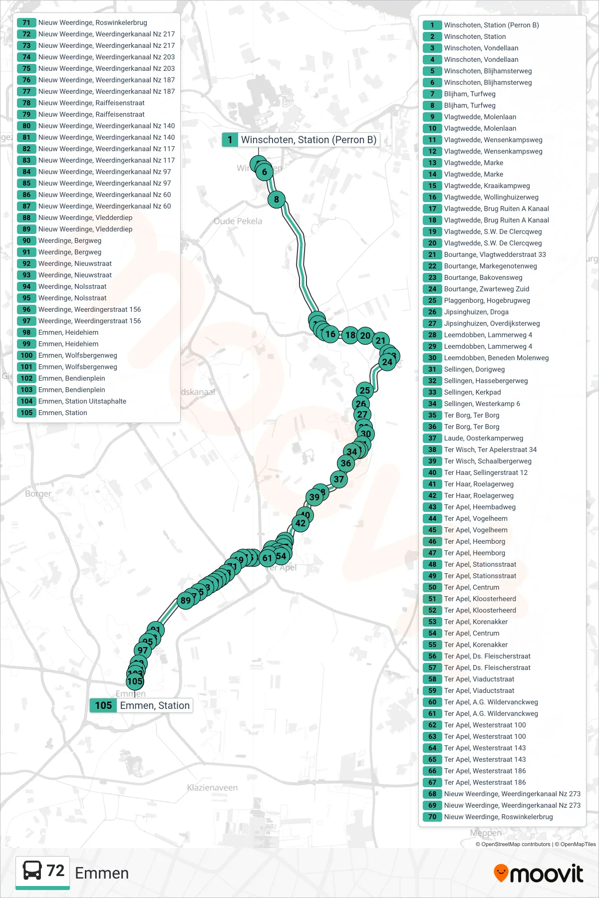 Lijn 72 (bus, Emmen): route en haltes op de kaart