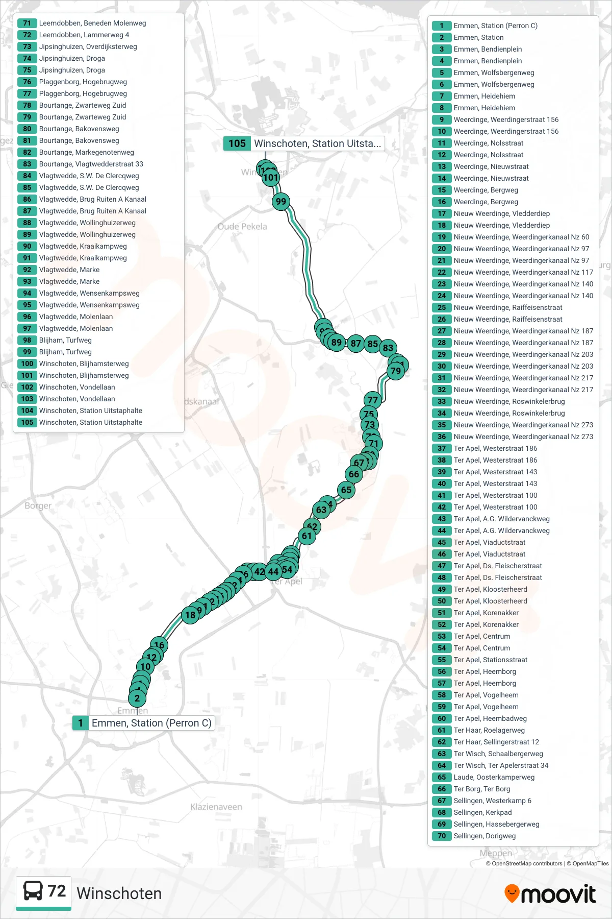 Lijn 72 (bus, Winschoten): route en haltes op de kaart