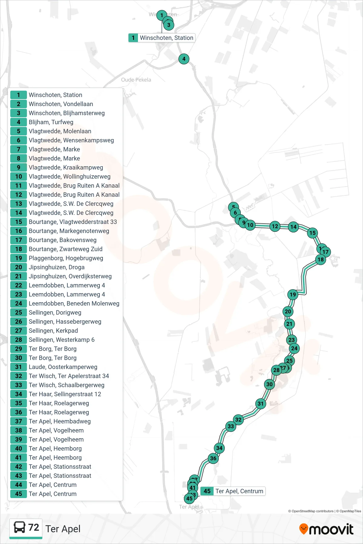 Lijn 72 (bus, Ter Apel): route en haltes op de kaart