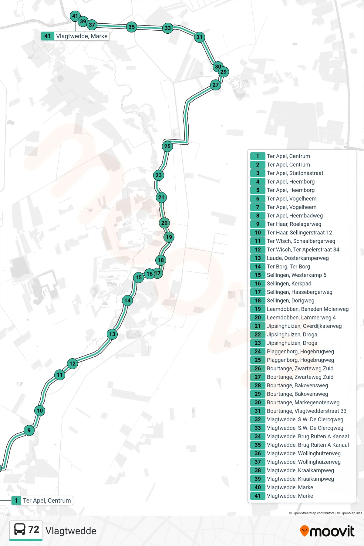 Lijn 72 (bus, Vlagtwedde): route en haltes op de kaart