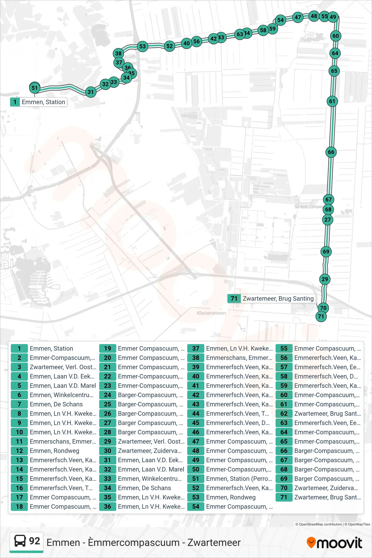 Lijn 92 (bus, Zwartemeer): route en haltes op de kaart