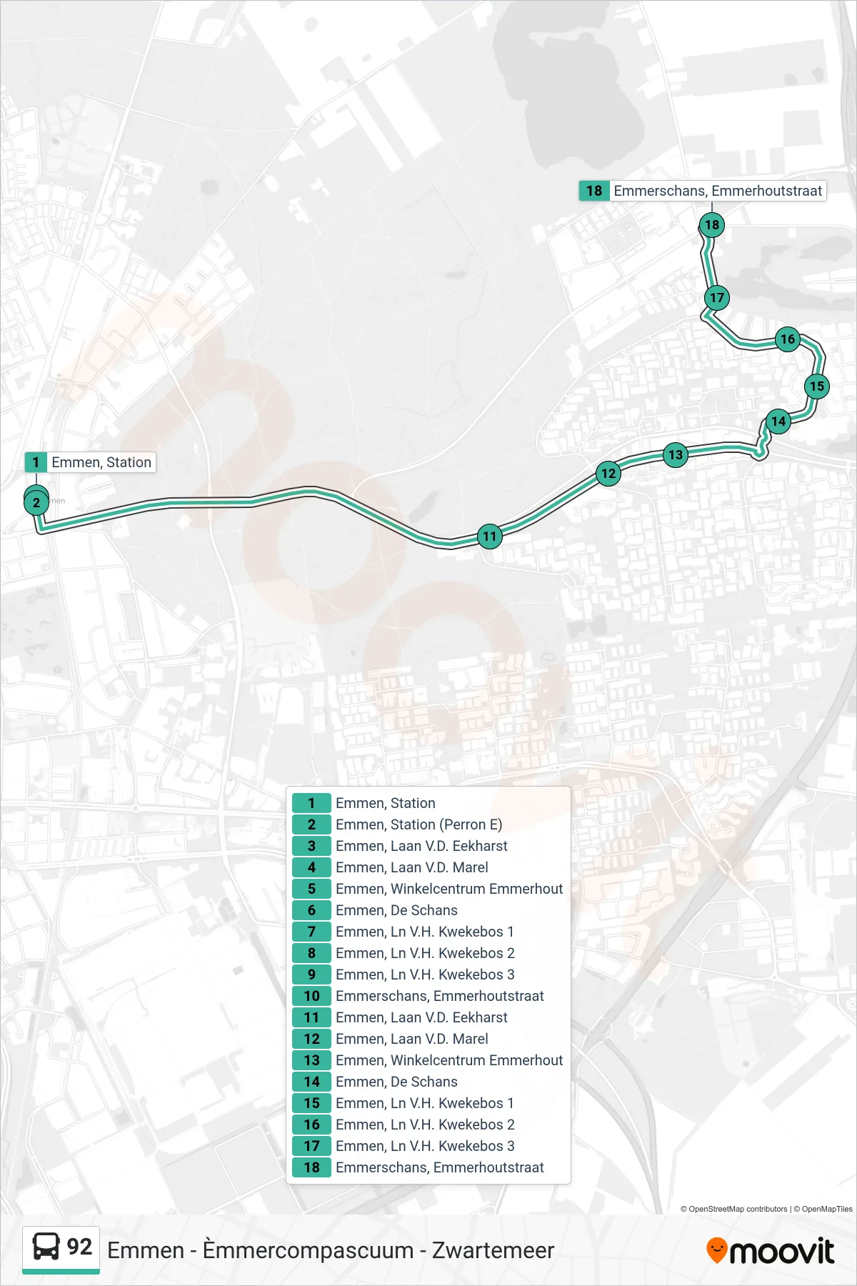 Lijn 92 (bus, Emmerschans): route en haltes op de kaart