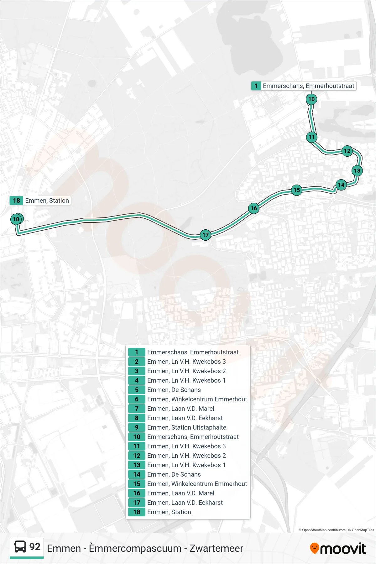 92 bus Line (Station) route and stops on a map