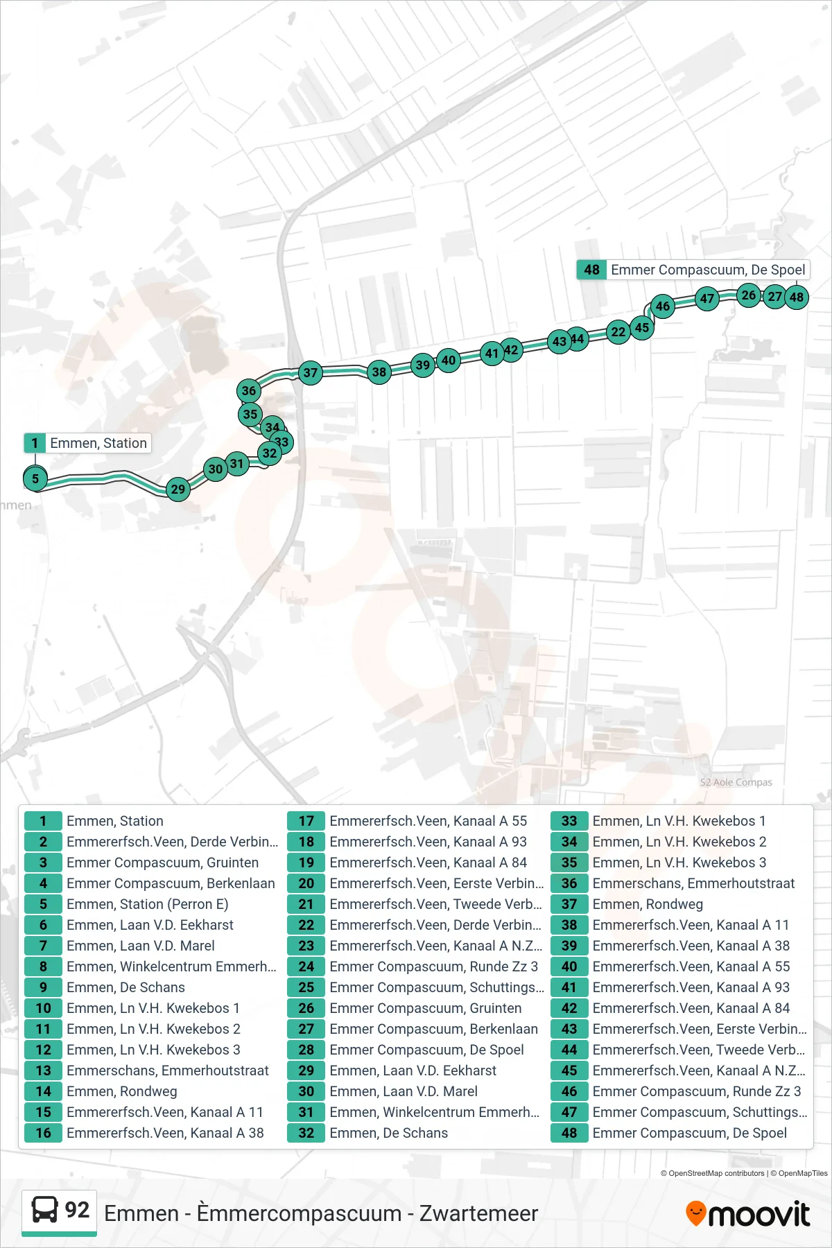 Lijn 92 (bus, Emmer-Compascuum): route en haltes op de kaart