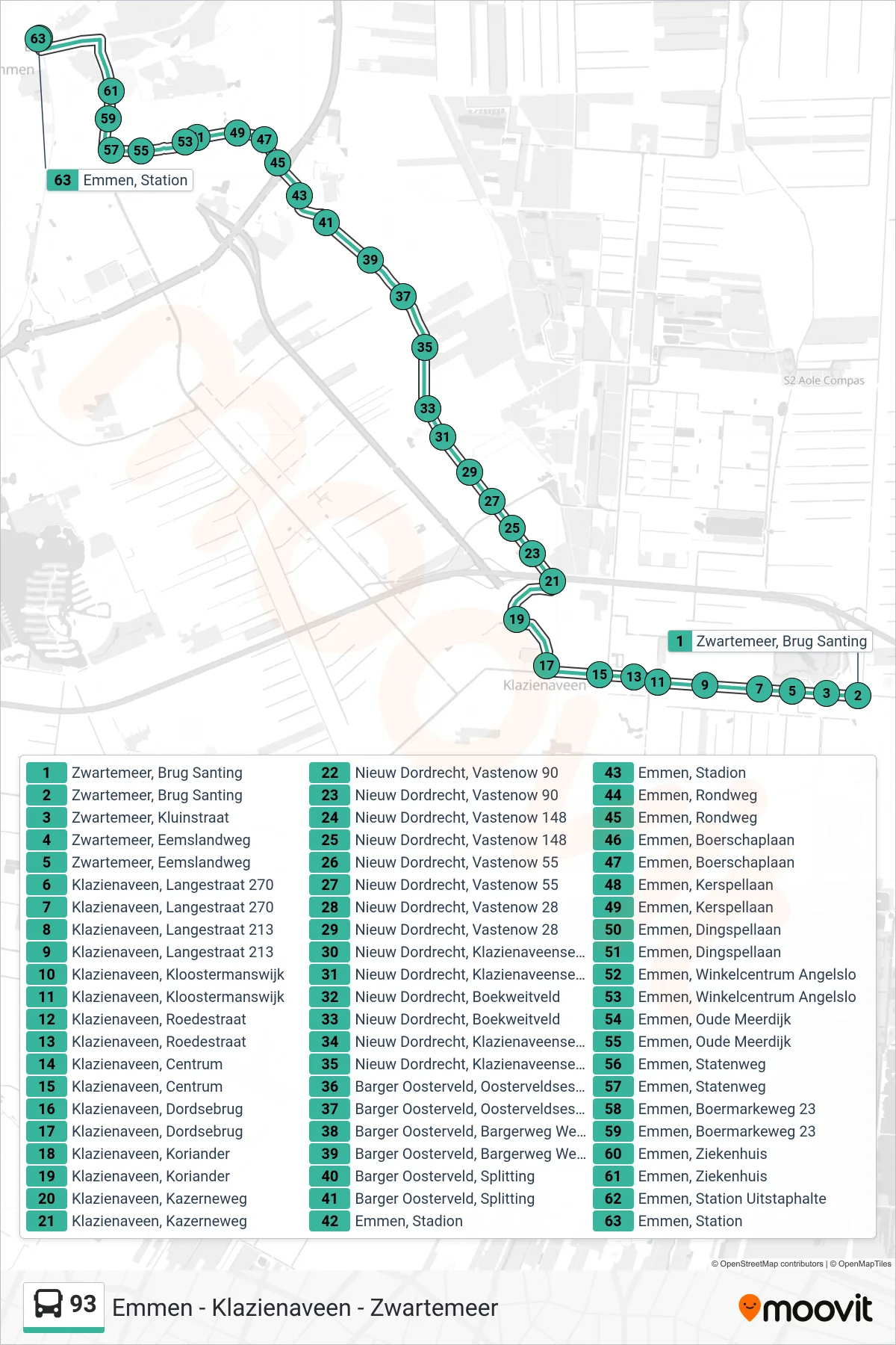 93 bus Line (Emmen) route and stops on a map
