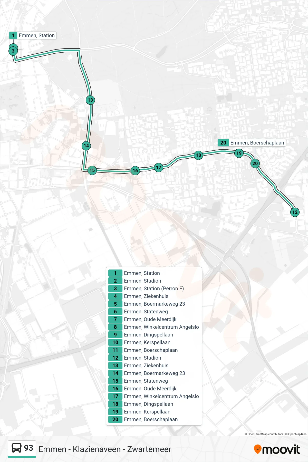 93 bus Line (Stadion) route and stops on a map