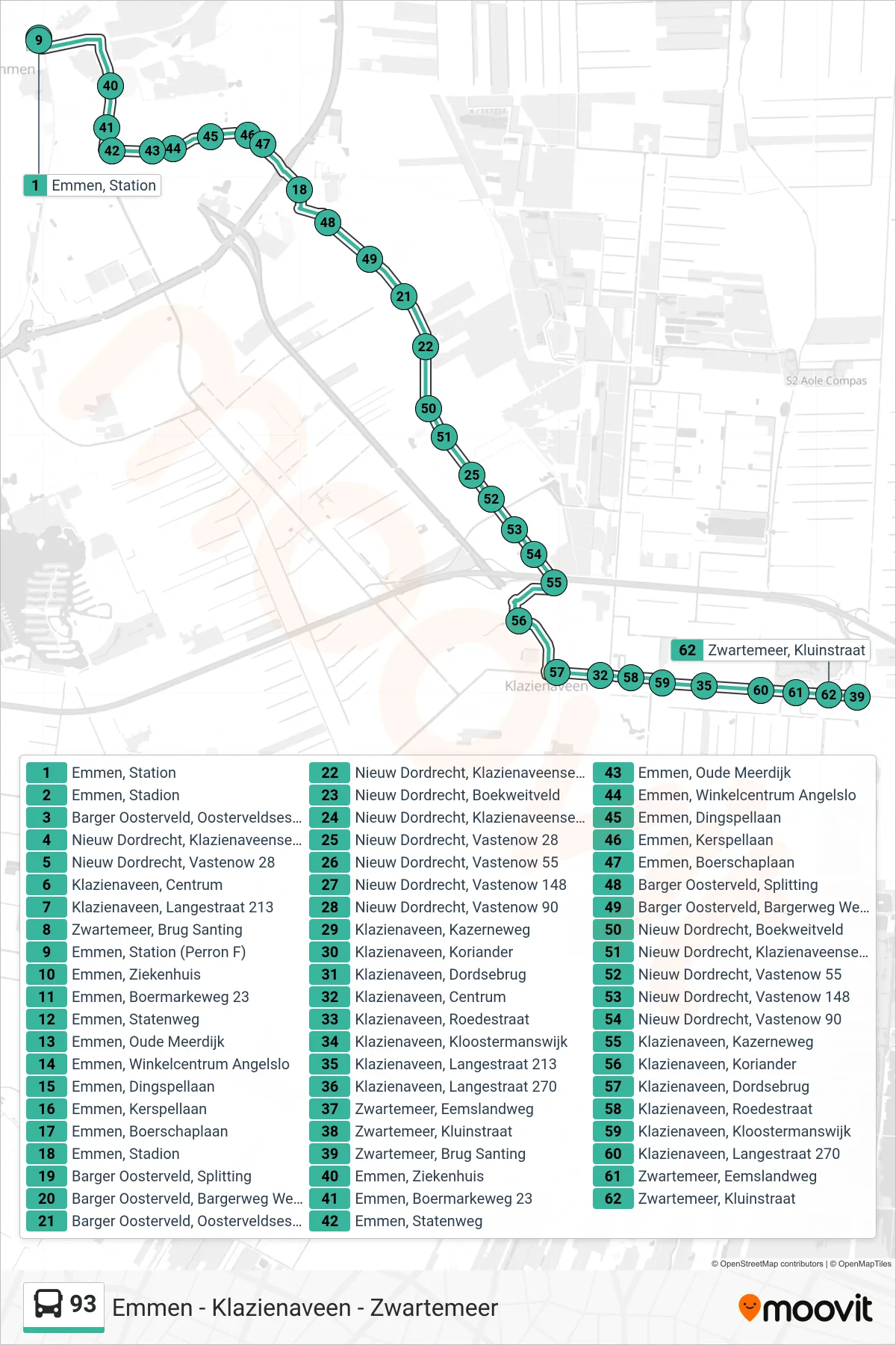 Lijn 93 (bus, Zwartemeer): route en haltes op de kaart