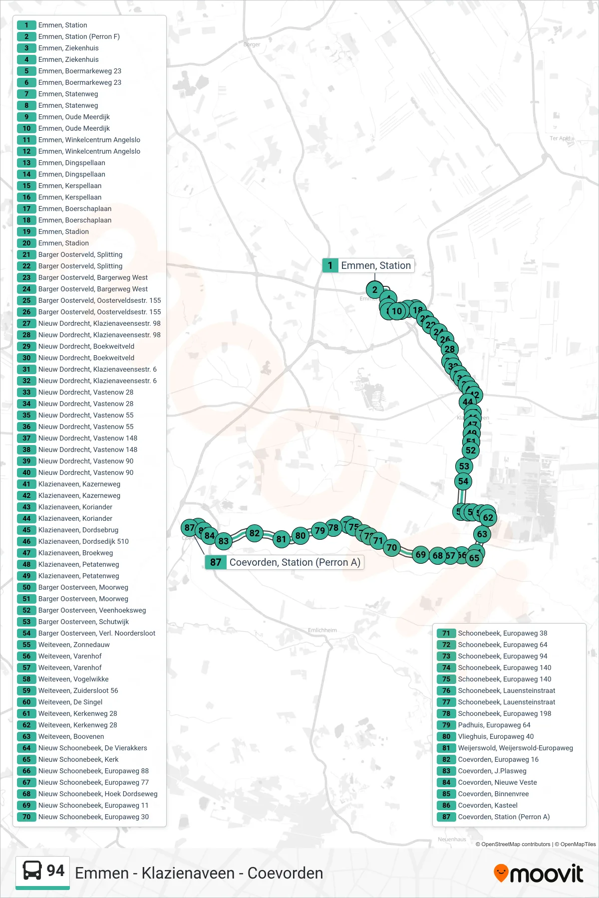 Lijn 94 (bus, Coevorden): route en haltes op de kaart