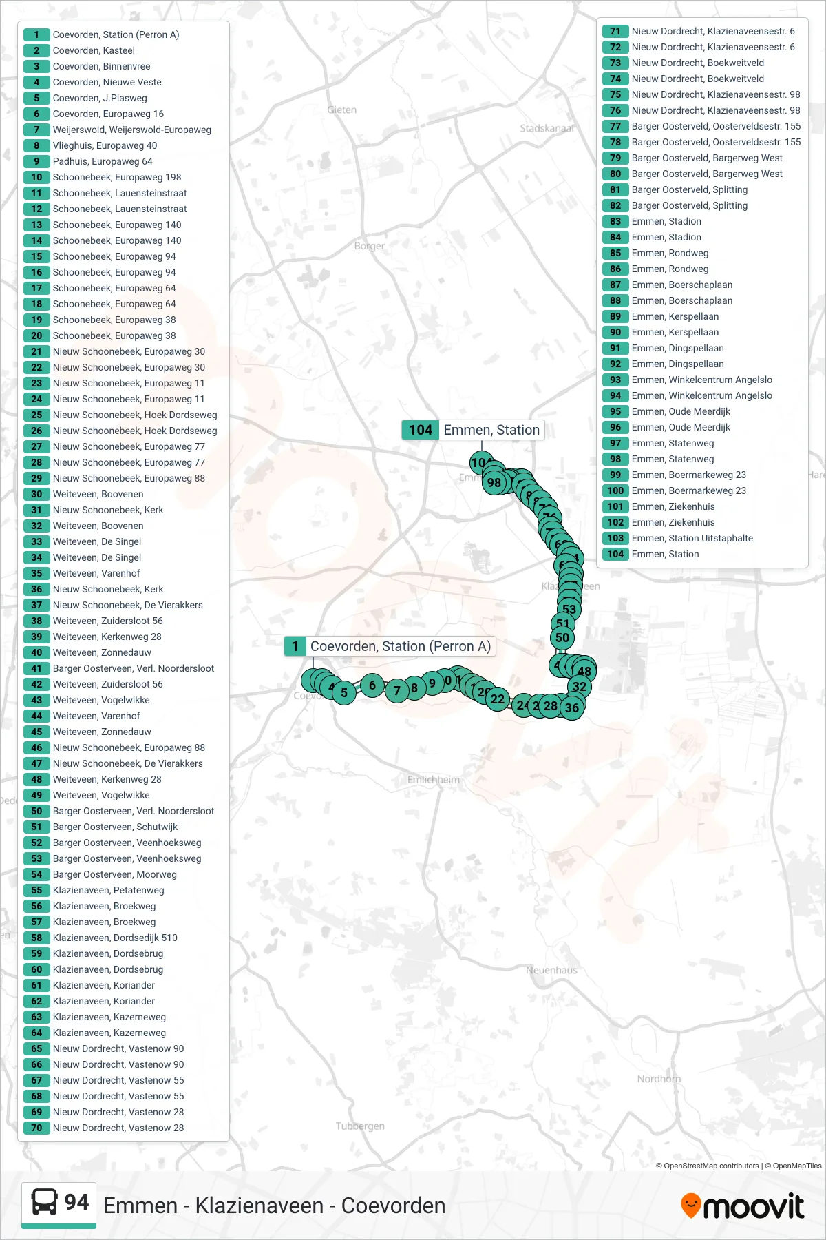 Lijn 94 (bus, Emmen): route en haltes op de kaart