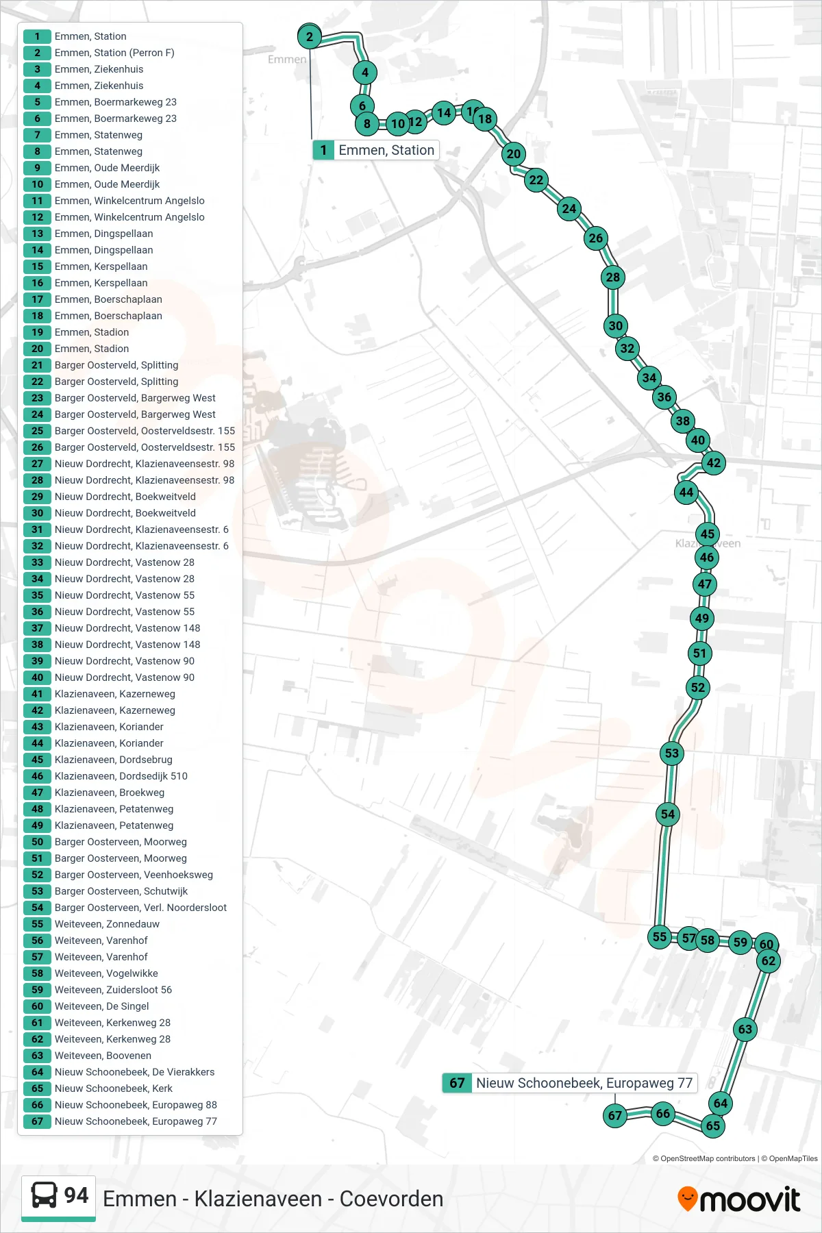 Lijn 94 (bus, Nieuw-Schoonebeek): route en haltes op de kaart