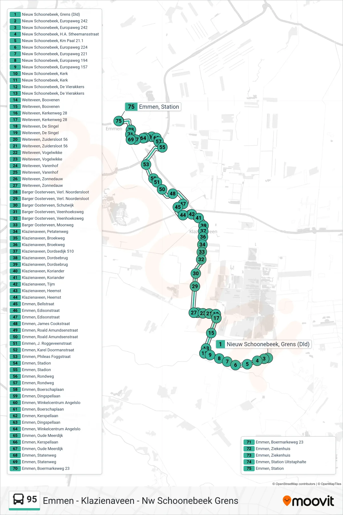 95 bus Line (Emmen) route and stops on a map