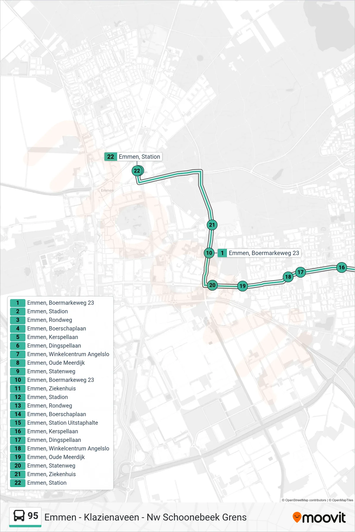 95 bus Line (Station) route and stops on a map