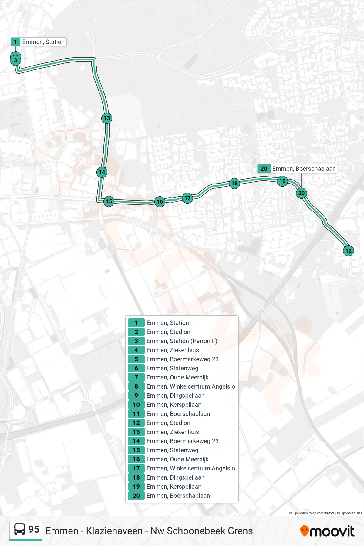 Lijn 95 (bus, Stadion): route en haltes op de kaart